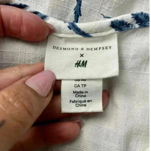 Desmond & Dempsey X H&M Linen Blend Dress XS Blue Trees White NO BELT - Picture 3 of 13